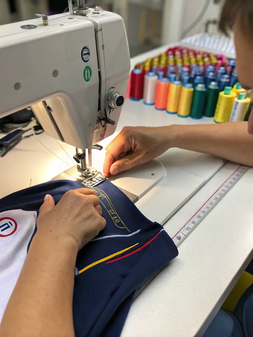 A close-up shot of a tailor's hands meticulously stitching a garment with high-quality African fabric, showcasing the precision and care in ER-ONE's craftsmanship.