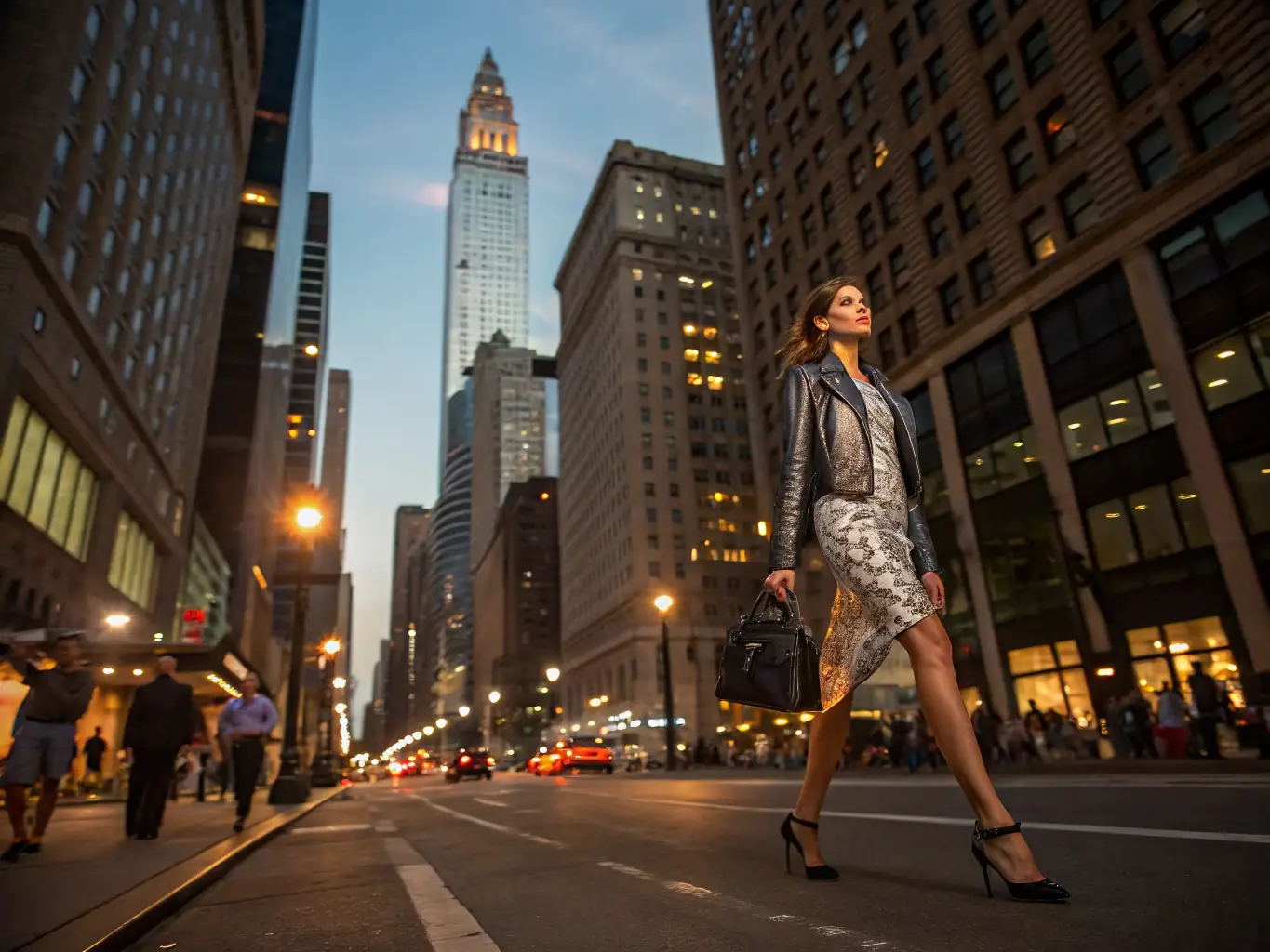 A model elegantly showcasing a vibrant, modern African print dress in a sophisticated urban setting, highlighting the fusion of traditional patterns with contemporary style.