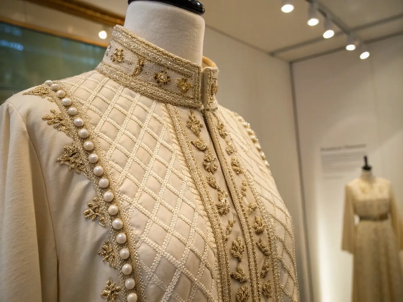 A close-up shot of a luxurious Kente cloth gown, emphasizing the intricate weaving and rich colors, symbolizing the heritage and artistry of African textiles.