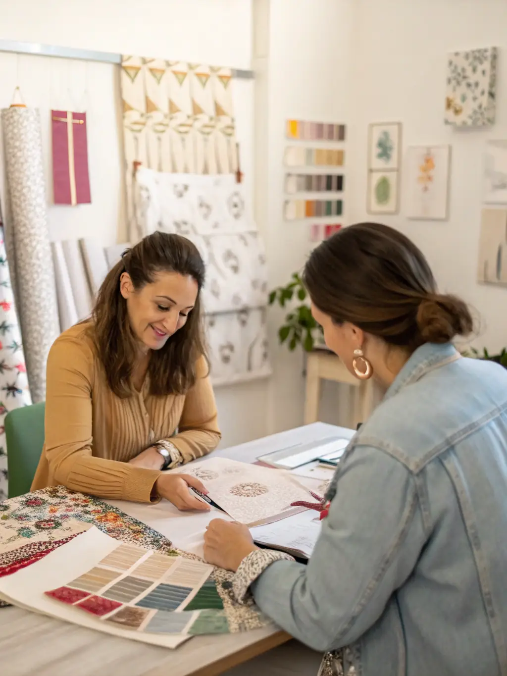 A designer consulting with a client in a private fitting room, discussing custom design options and fabric choices for a personalized garment.
